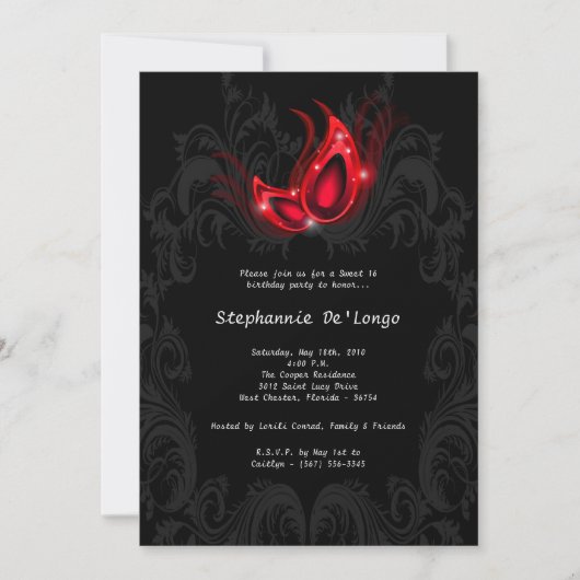 5x7 Red Masquerade Sweet 16 Birthday Invitation Kaart (Voorkant)