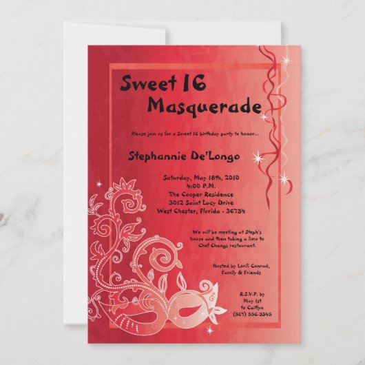 5x7 Red Masquerade Sweet 16 Birthday Invitation Kaart (Voorkant)