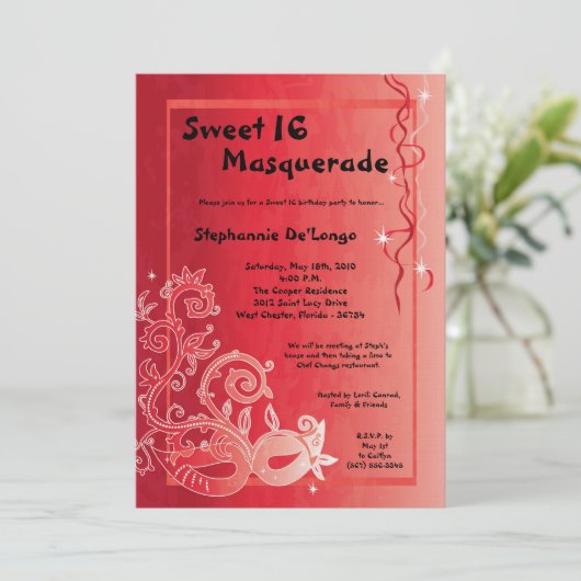 5x7 Red Masquerade Sweet 16 Birthday Invitation Kaart (Staand voorkant)