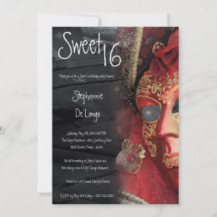5x7 Red Masquerade Sweet 16 Birthday Invitation Kaart