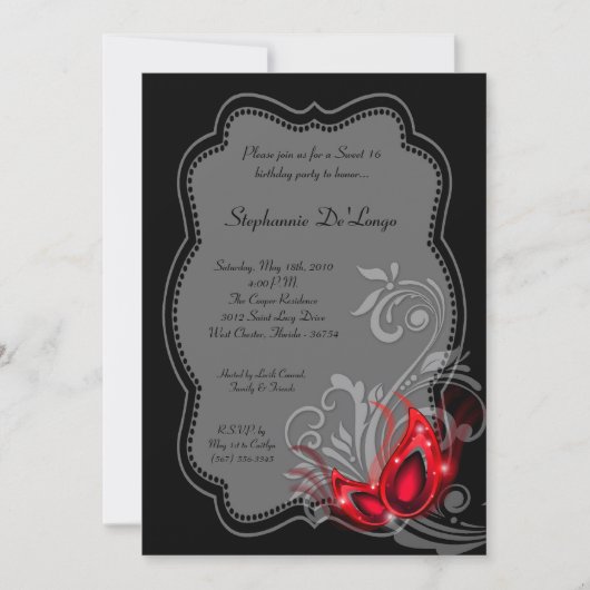 5x7 Red Masquerade Sweet 16 Birthday Invitation Kaart (Voorkant)