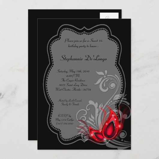 5x7 Red Masquerade Sweet 16 Birthday Invitation Kaart (Voorkant / Achterkant)