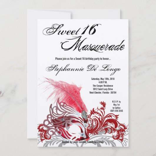 5x7 Red Masquerade Sweet 16 Birthday Invitation Kaart (Voorkant)