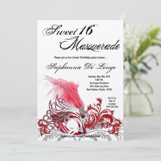 5x7 Red Masquerade Sweet 16 Birthday Invitation Kaart (Staand voorkant)