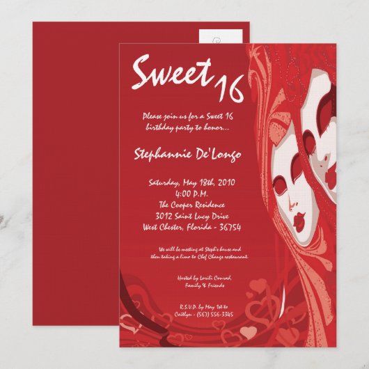 5x7 Red Masquerade Sweet 16 Birthday Invitation Kaart (Voorkant / Achterkant)