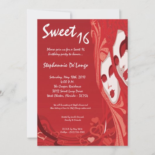 5x7 Red Masquerade Sweet 16 Birthday Invitation Kaart (Voorkant)
