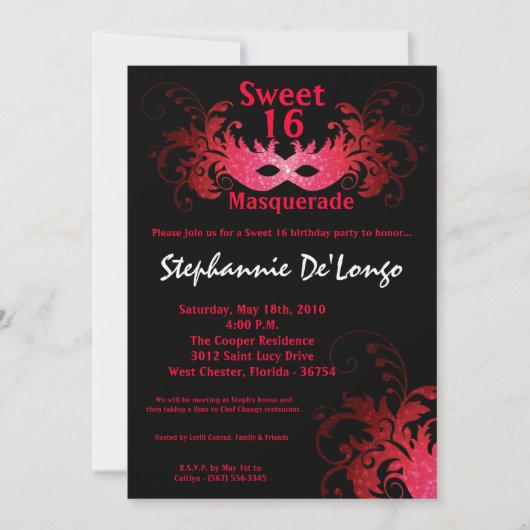 5x7 Red Masquerade Sweet 16 Birthday Invitation Kaart (Voorkant)