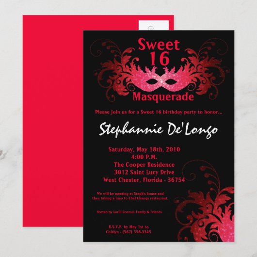 5x7 Red Masquerade Sweet 16 Birthday Invitation Kaart (Voorkant / Achterkant)
