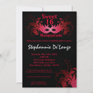 5x7 Red Masquerade Sweet 16 Birthday Invitation Kaart