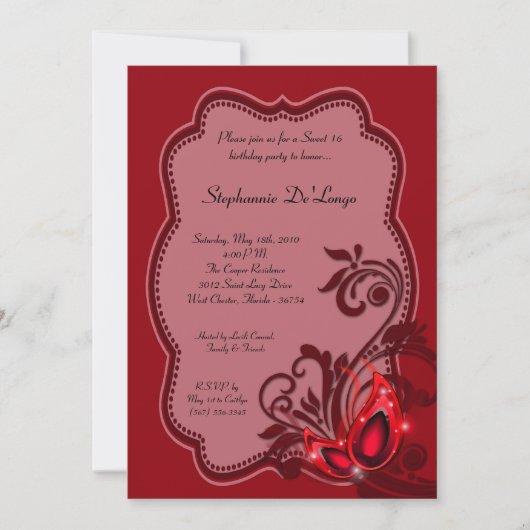 5x7 Red Masquerade Sweet 16 Birthday Invitation Kaart (Voorkant)
