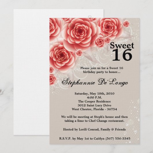 5x7 Red Roses Floral Sweet 16 Birthday Invitation Kaart (Voorkant / Achterkant)