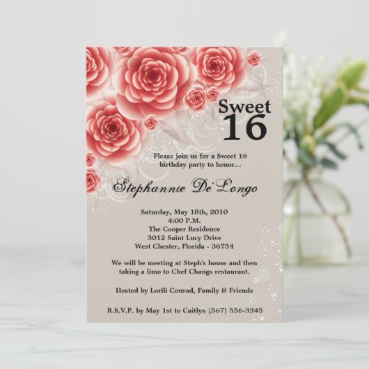 5x7 Red Roses Floral Sweet 16 Birthday Invitation Kaart (Staand voorkant)