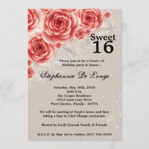 5x7 Red Roses Floral Sweet 16 Birthday Invitation Kaart