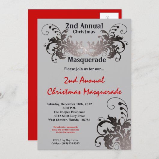 5x7 Red Silver Masquerade-kerstuitnodiging Kaart (Voorkant / Achterkant)