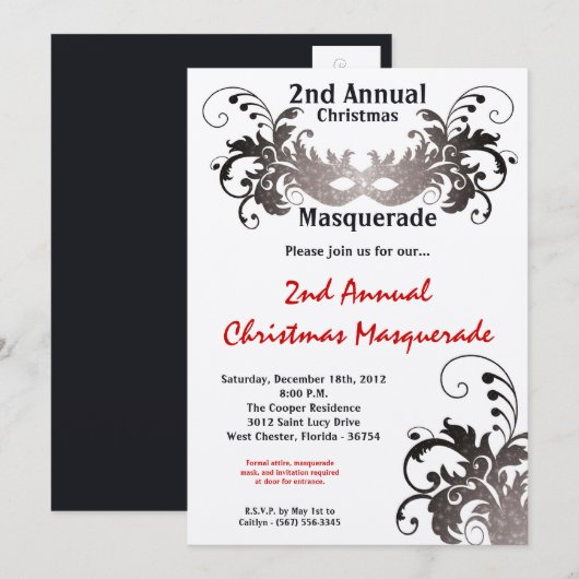 5x7 Red Silver Masquerade-kerstuitnodiging Kaart (Voorkant / Achterkant)