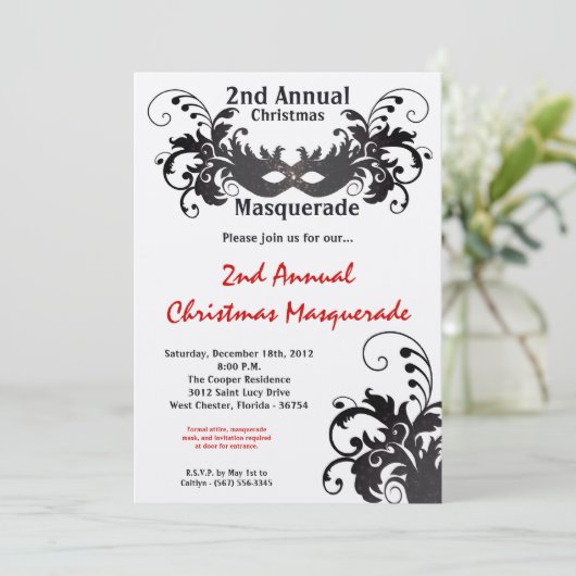 5x7 Red Silver Masquerade-kerstuitnodiging Kaart (Staand voorkant)