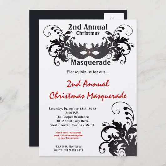 5x7 Red Silver Masquerade-kerstuitnodiging Kaart (Voorkant / Achterkant)