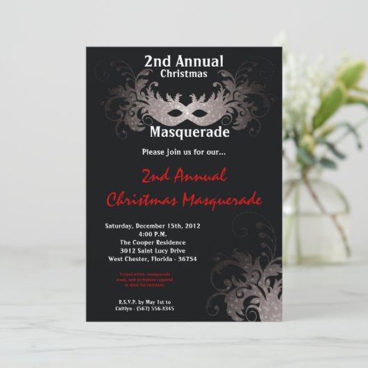 5x7 Red Silver Masquerade-kerstuitnodiging Kaart (Staand voorkant)