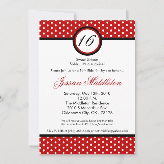 5x7 Red White Polka Dot 16th Birthday Invitation Kaart (Voorkant)