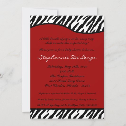 5x7 Red White Zebra Print Baby shower Uitnodiging (Voorkant)
