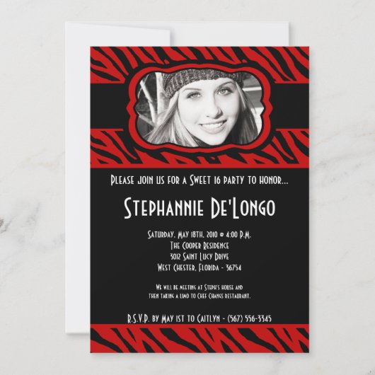 5x7 Red Zebra PHOTO Sweet 16 Birthday Invitation Kaart (Voorkant)