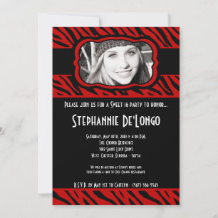 5x7 Red Zebra PHOTO Sweet 16 Birthday Invitation Kaart