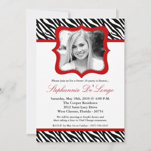 5x7 Red Zebra PHOTO Sweet 16 Birthday Invitation Kaart (Voorkant)