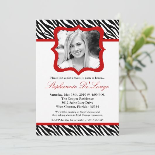5x7 Red Zebra PHOTO Sweet 16 Birthday Invitation Kaart (Staand voorkant)