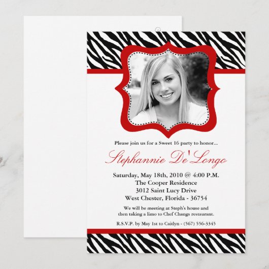5x7 Red Zebra PHOTO Sweet 16 Birthday Invitation Kaart (Voorkant / Achterkant)