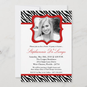 5x7 Red Zebra PHOTO Sweet 16 Birthday Invitation Kaart
