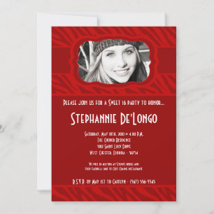 5x7 Red Zebra PHOTO Sweet 16 Birthday Invitation Kaart