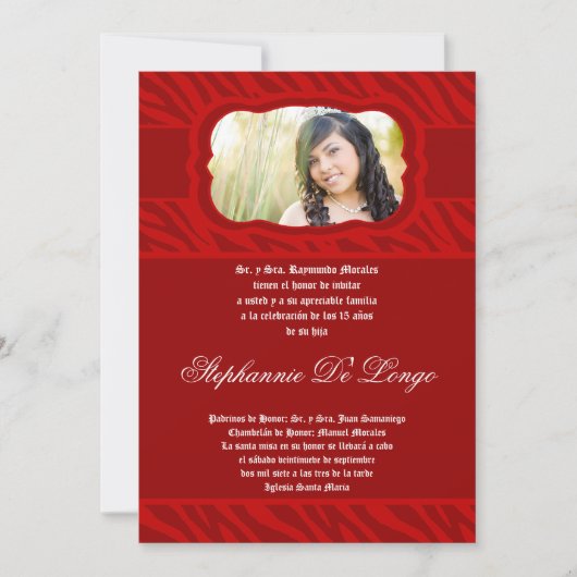 5x7 Red Zebra Print Patter Quinceanera Uitnodiging (Voorkant)