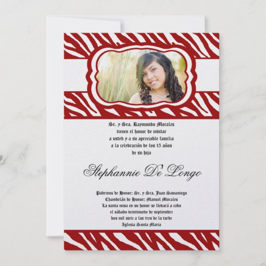 5x7 Red Zebra Print Patter Quinceanera Uitnodiging (Voorkant)
