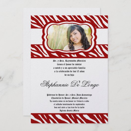 5x7 Red Zebra Print Patter Quinceanera Uitnodiging (Voorkant / Achterkant)