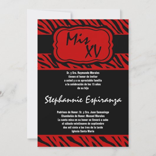 5x7 Red Zebra Print Quinceanera 15 Uitnodiging (Voorkant)