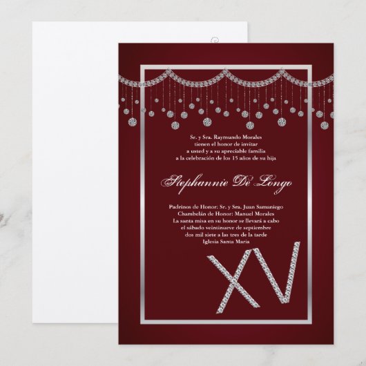 5x7 Rode Diamant Quinceanera Verjaardag Uitnodigin Kaart (Voorkant / Achterkant)