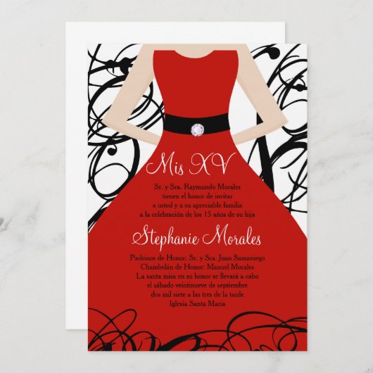 5x7 rode jurk Quinceanera Verjaardag Uitnodiging (Voorkant / Achterkant)