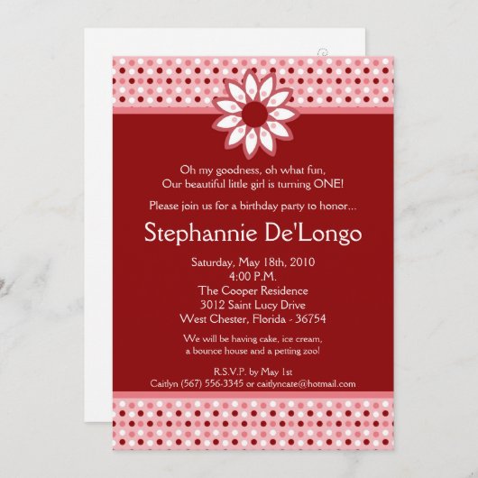 5x7 Rode Polka Dot Bloem Verjaardag Party Uitnodig Kaart (Voorkant / Achterkant)