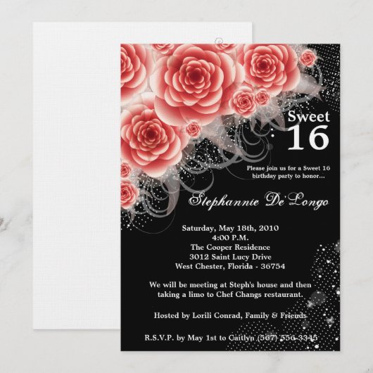 5x7 Rode Rozen Bloemen Zoet 16 Verjaardag Uitnodig Kaart (Voorkant / Achterkant)