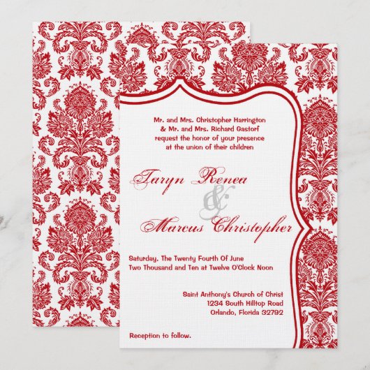 5x7 Rood Wit Damask Lace Wedding Invitation Kaart (Voorkant / Achterkant)