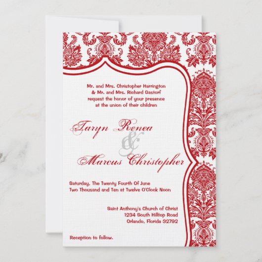 5x7 Rood Wit Damask Lace Wedding Invitation Kaart (Voorkant)