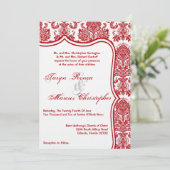 5x7 Rood Wit Damask Lace Wedding Invitation Kaart (Staand voorkant)