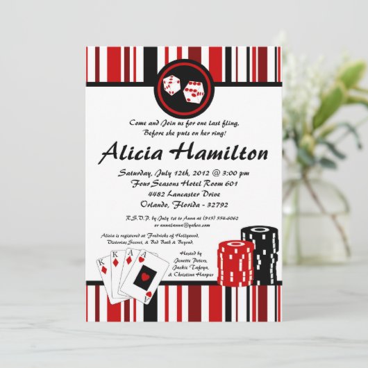 5x7 rood & zwart Las Vegas vrijgezellenuitnodiging Kaart (Staand voorkant)