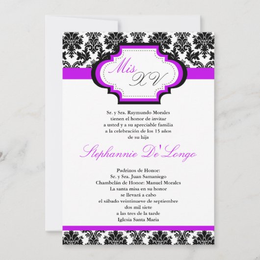 5x7 Royal Paarse Damask Quinceanera Uitnodiging (Voorkant)