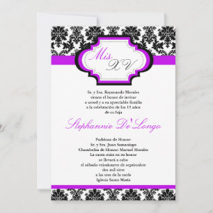 5x7 Royal Paarse Damask Quinceanera Uitnodiging