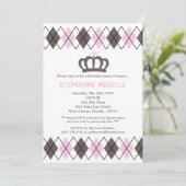 5x7 Roze Argyle Crown Verjaardagsfeestje Uitnodigi Kaart (Staand voorkant)