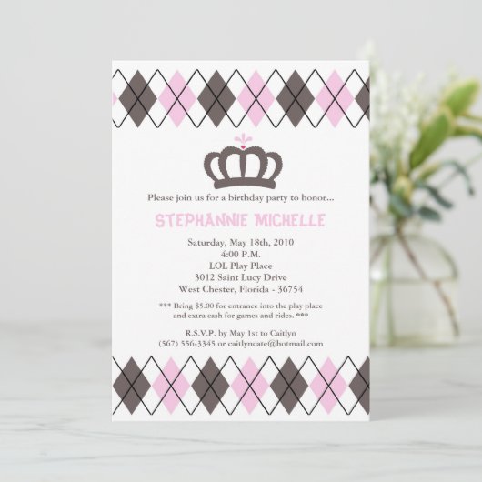 5x7 Roze Argyle Crown Verjaardagsfeestje Uitnodigi Kaart (Staand voorkant)