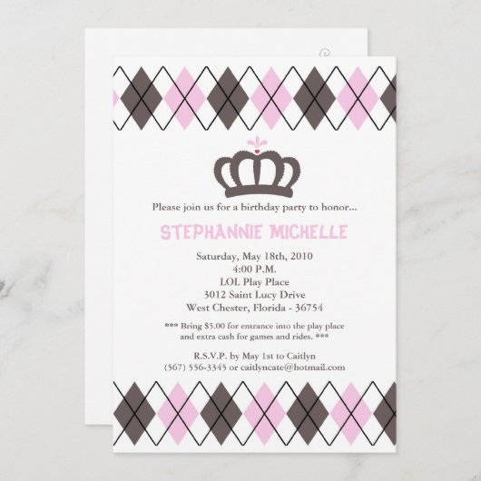 5x7 Roze Argyle Crown Verjaardagsfeestje Uitnodigi Kaart (Voorkant / Achterkant)