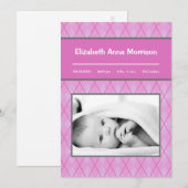 5x7 Roze Argyle Patroon Foto Aankondiging Geboorte (Voorkant / Achterkant)