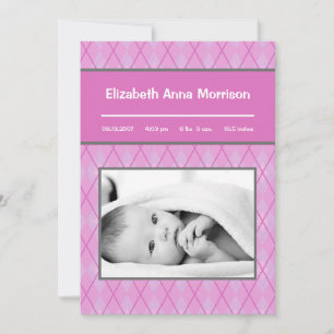 5x7 Roze Argyle Patroon Foto Aankondiging Geboorte